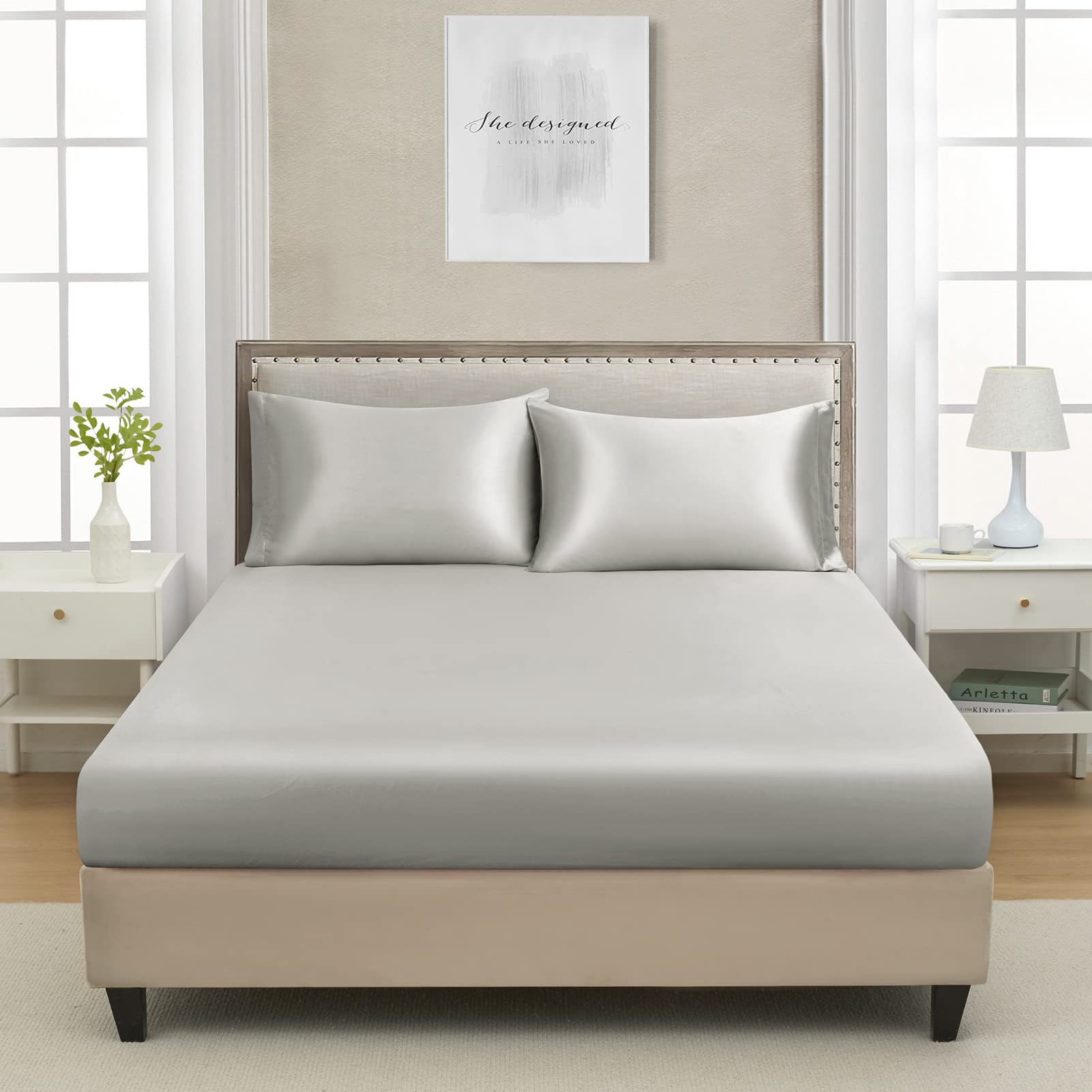 Lanest Housing California King Silk Satin Fitted Sheet, Soft Deep Pocket Single Bottom Bed Sheets Sold Separately, Wrinkle Free,